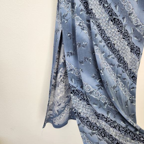 Vintage 90s Blue Floral Striped Maxi Skirt Pull On Side Hem Split M - Picture 7 of 13